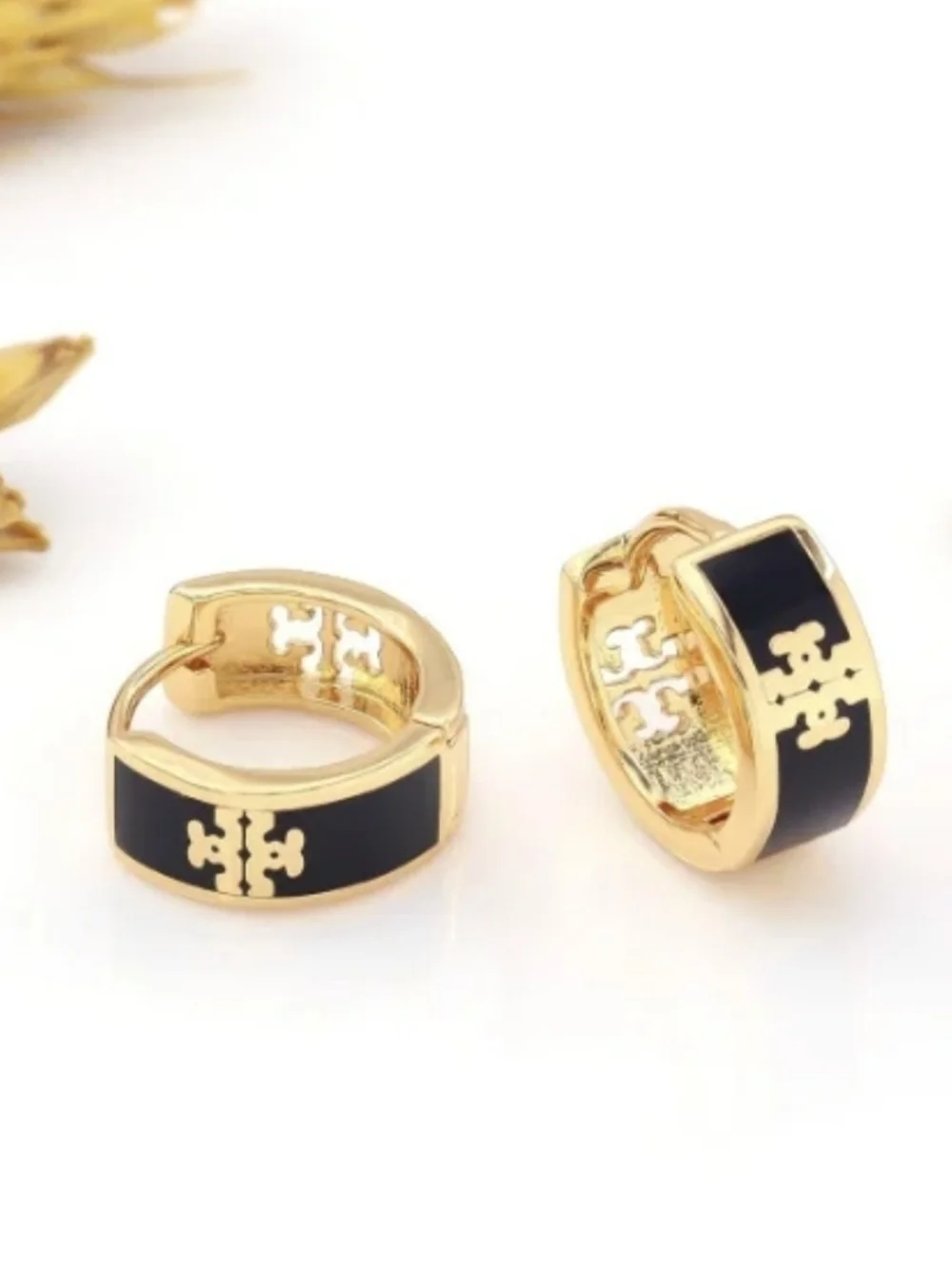 Designer Inspired Gold Hoop Earrings with Black or White Enamel